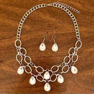 Teardrop Rhinestone Statement Necklace and Earring Set | 18.5” Adjustable